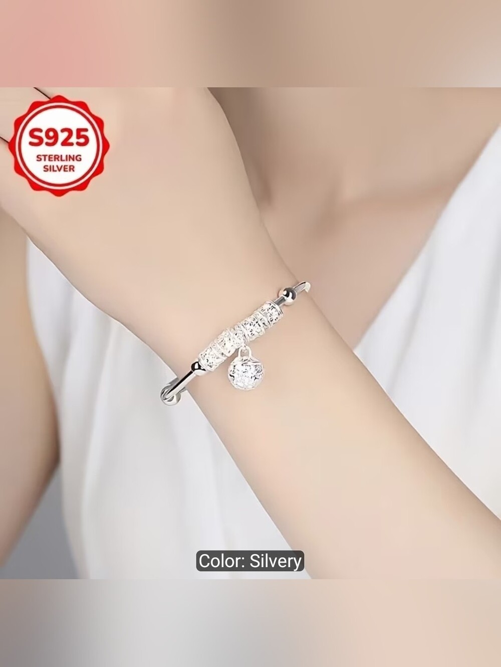 S925 Sterling Silvery Women's Charm Bangle Bracelet